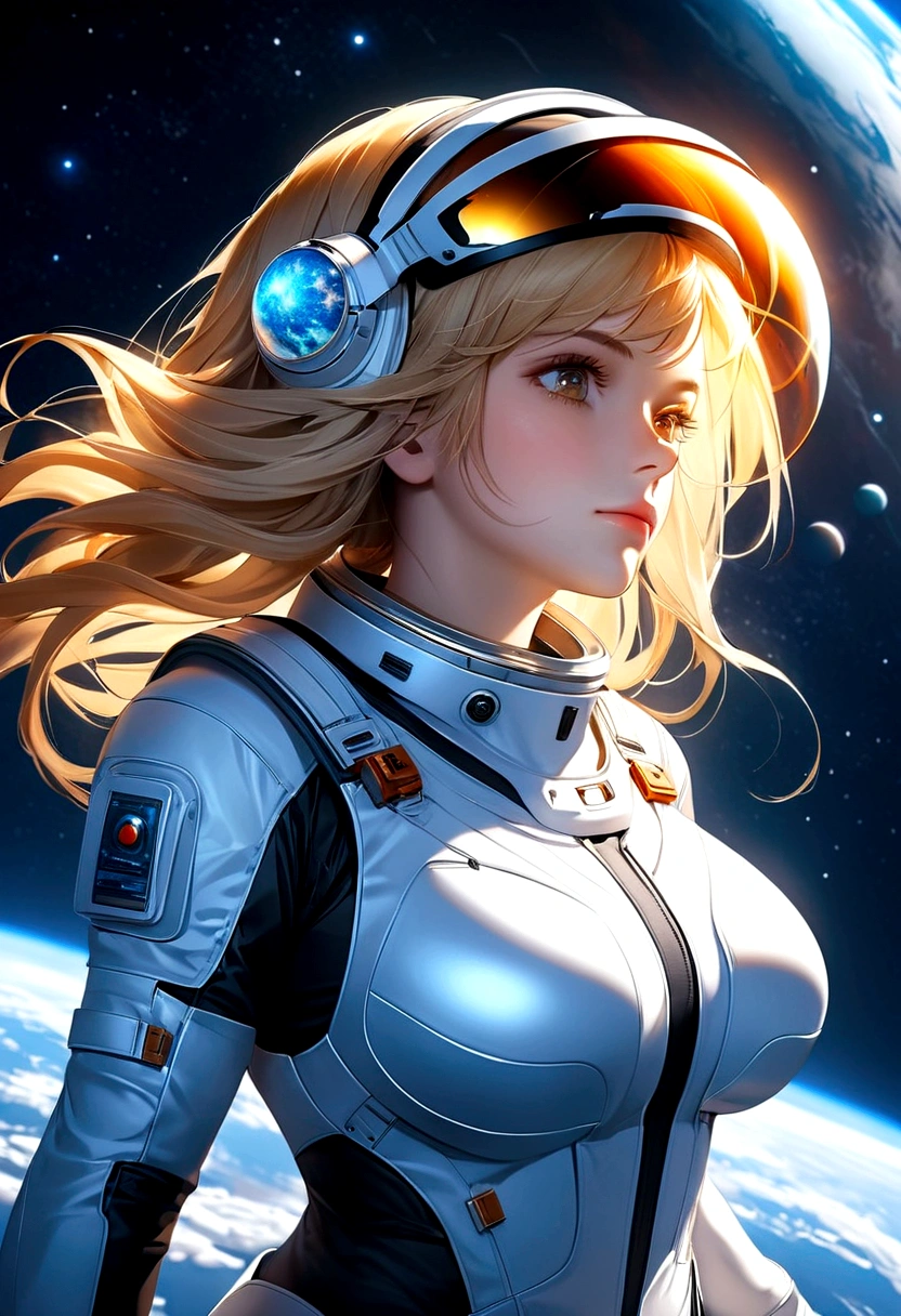 A beautiful astronaut, detailed space suit, floating in zero gravity, detailed helmet with visor, long blonde hair, serene expression, glowing planet in the background, atmospheric lighting, cinematic composition, ultrarealistic, 8k, highly detailed, photorealistic, dramatic lighting, vivid colors, otherworldly, concept art style, giga_busty, breasts