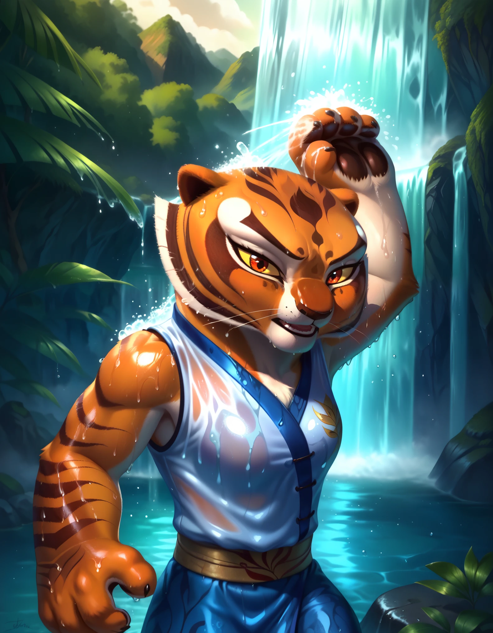 rating_safe, score_9, score_8_up, score_7_up, score_6_up, source_furry,, m4stertigr3ss,, solo, 1girl, female, master tigress from kung fu panda showering under a waterfall, kung fu panda style, wet, furry, detailed fur, in water, detailed waterfall background, rock, cartoon, 2d, yellow sclera