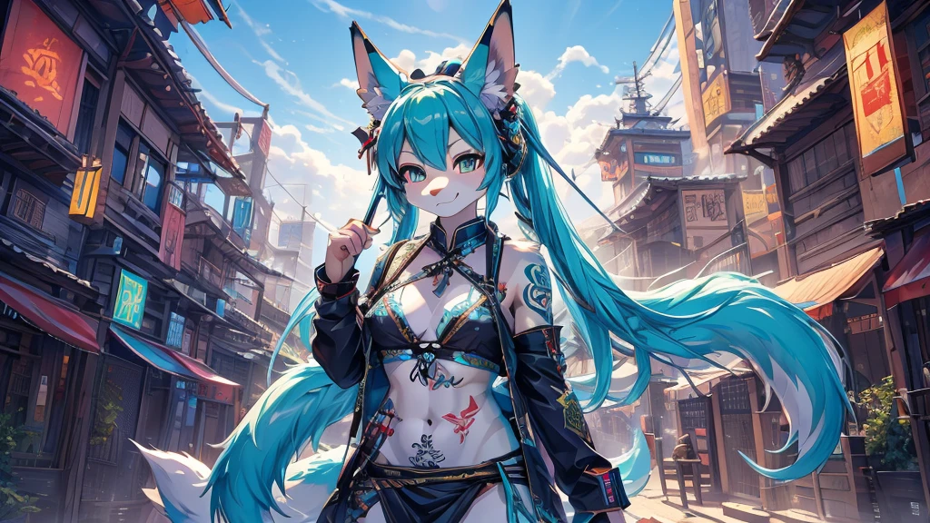 Miku Hatsune, add high definition_detail:1, blue fur,kitsune ears, tribal tattoo add_detail:1, apocalipsis city landscape 