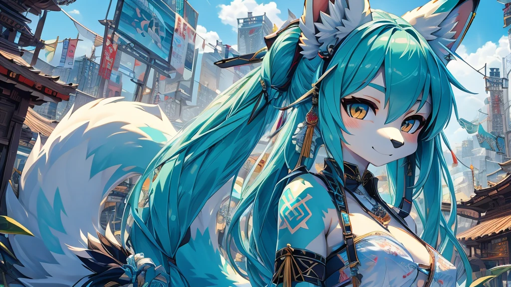 Miku Hatsune, add high definition_detail:1, blue fur,kitsune ears, tribal tattoo add_detail:1, apocalipsis city landscape 