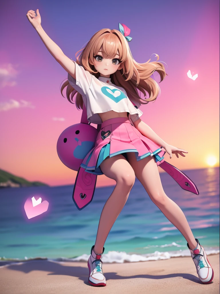 Seizo Watase style, Simple Line Initialism，Abstract art, 3d character, colorful hearts ,(((The most beautiful girl of all time))),  (full body 1.2), only girl, long hair, sea background, 18 year old, full body, (((8k))), ((3d))), pink code, 3 hole crop top, brown light hair, turtleneck, bangs parted to the sides hair, 