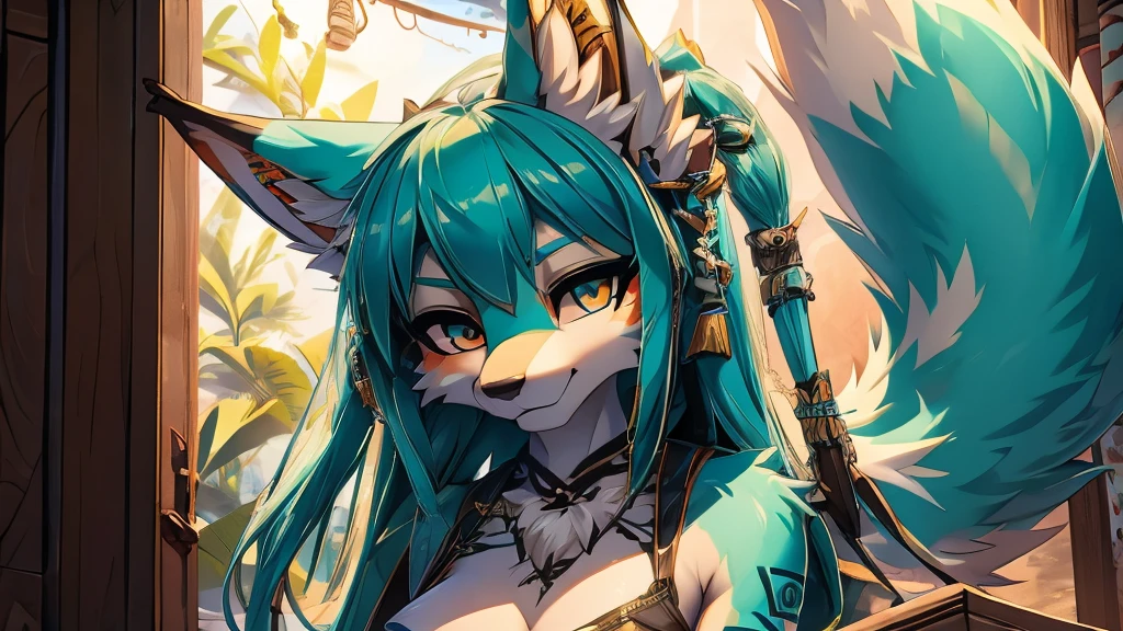 Miku Hatsune, add high definition_detail:1, blue fur,kitsune ears, tribal tattoo add_detail:1