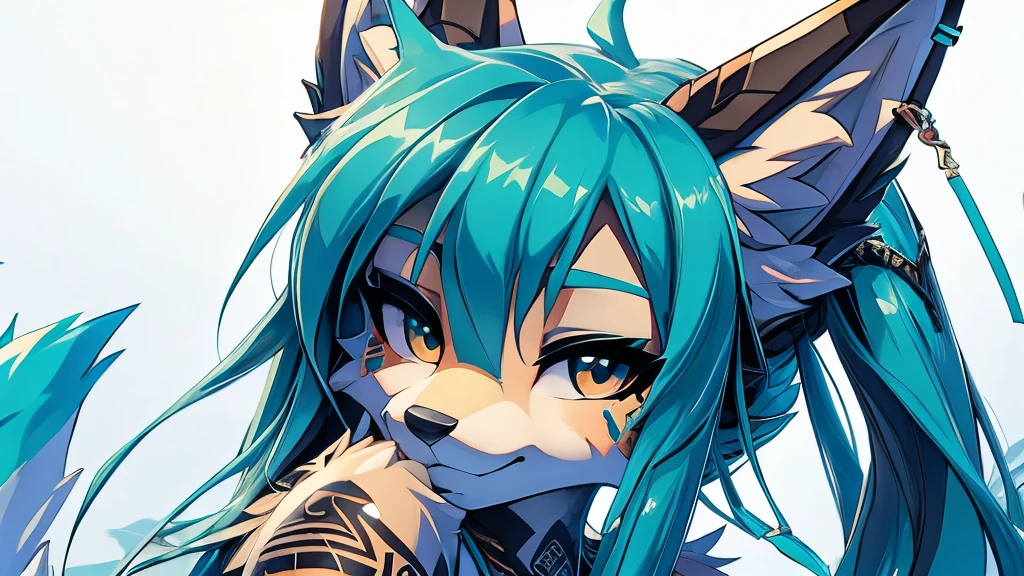 Miku Hatsune, add high definition_detail:1, blue fur,kitsune ears, tribal tattoo add_detail:1