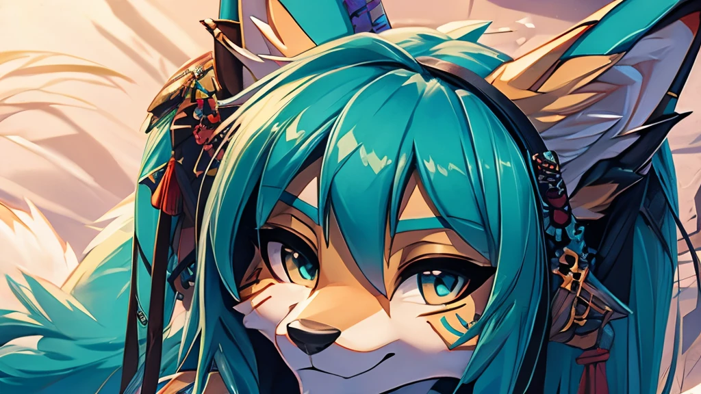 Miku Hatsune, add high definition_detail:1, blue fur,kitsune ears, tribal tattoo add_detail:1