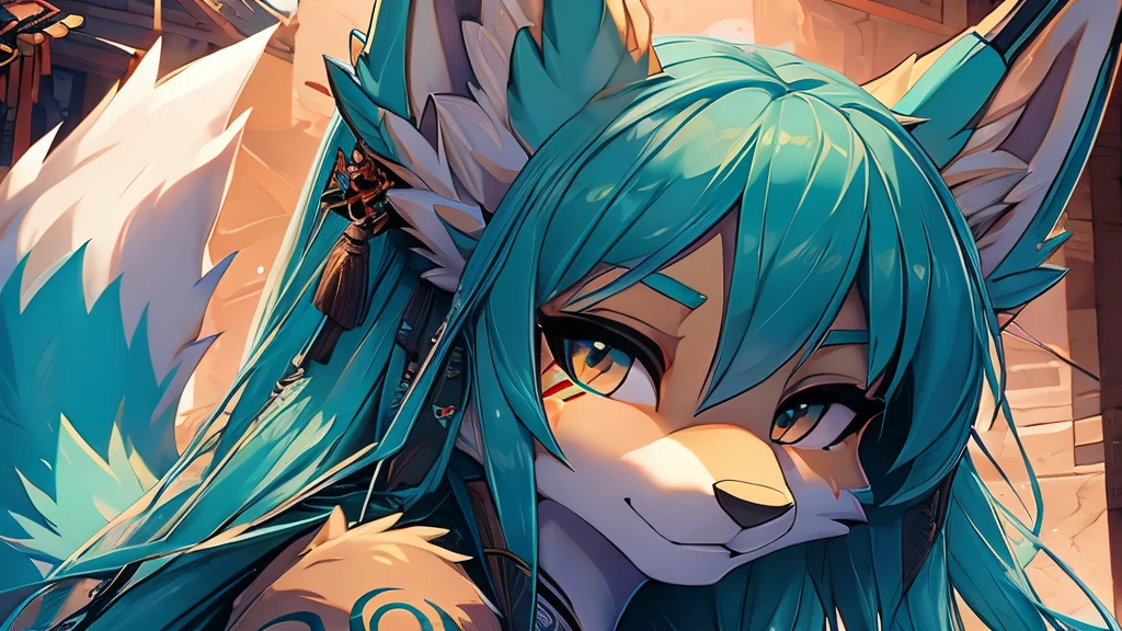 Miku Hatsune, add high definition_detail:1, blue fur,kitsune ears, tribal tattoo add_detail:1