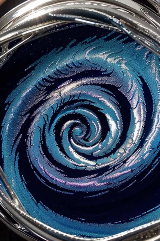Iridescent blue swirl on silver