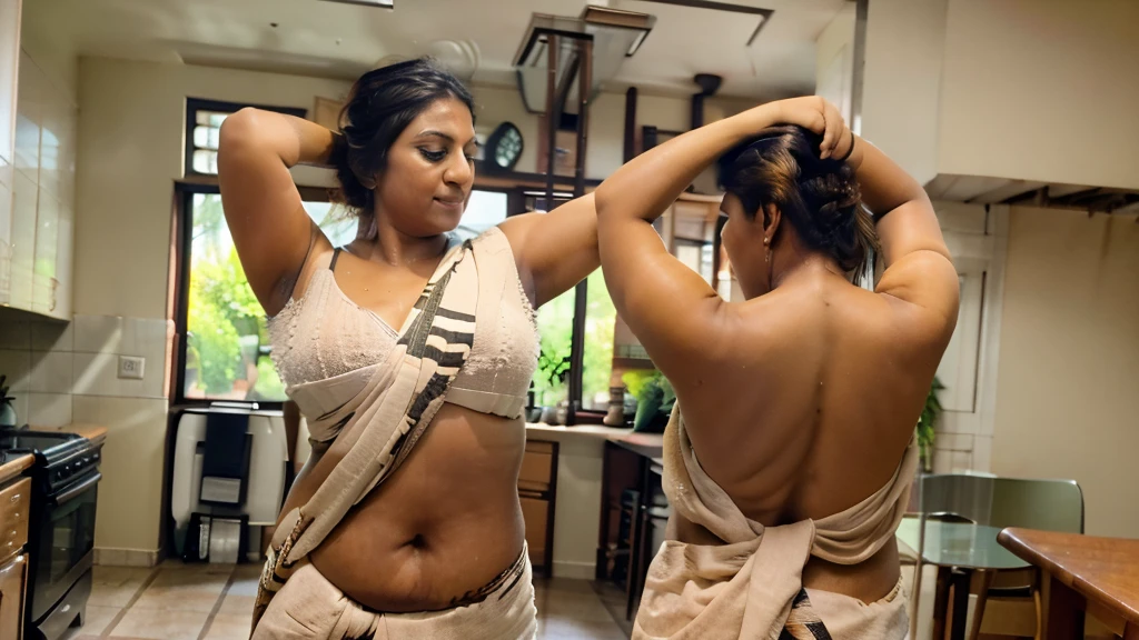 Beautiful Indian woman. She is wearing a loose skimpy saree tying her hair behind her head and lifting her arms showing her hairy armpit, standing in the kitchen , sweating, view from behind photorealistic, masterpiece, highly detailed, 4k, hyper-realistic, natural lighting, hands behind the head, 40 years old, milf, chubby, full body, pose, navel, curvy waist, sari,Sexy Saree, OnlySaree_Style,