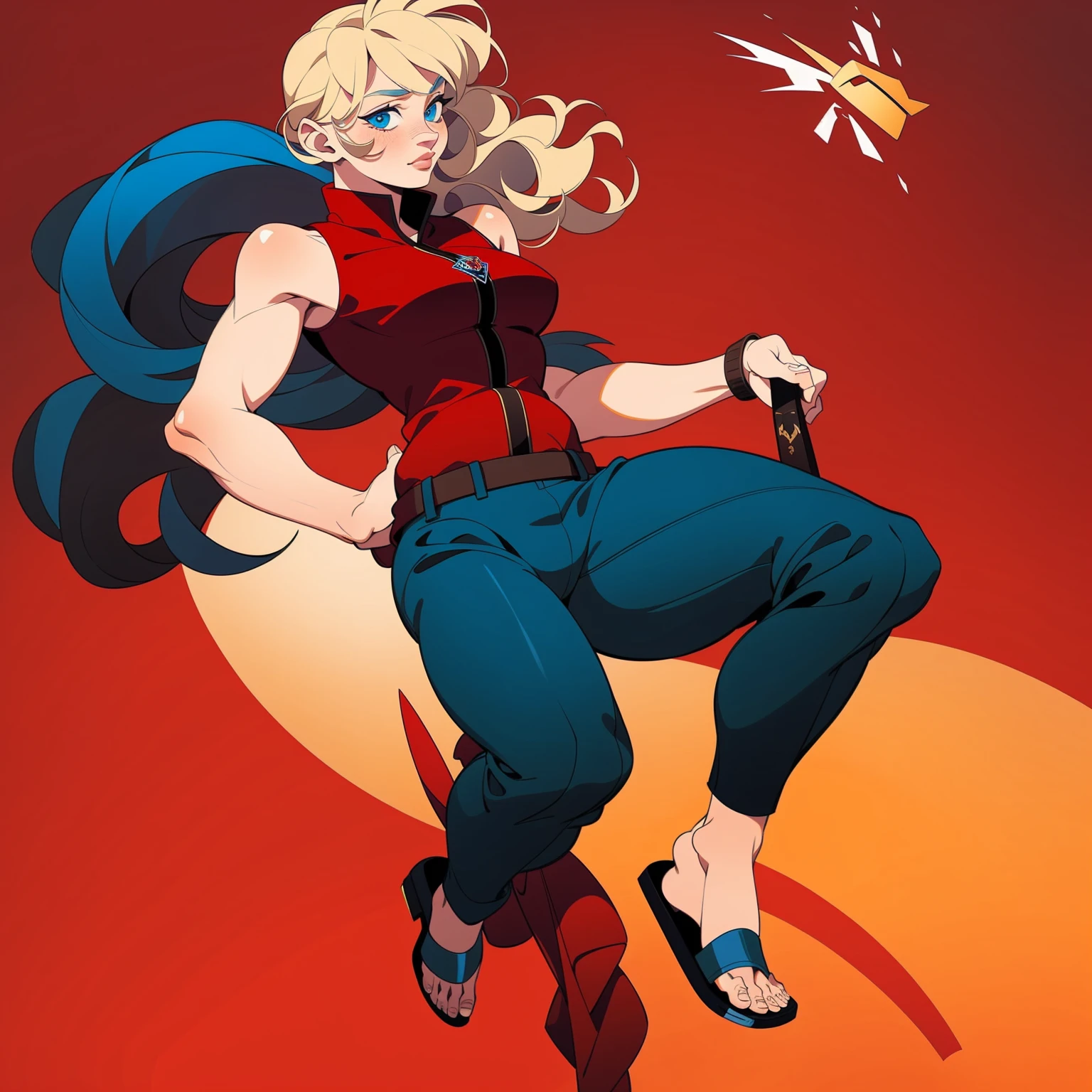 Solo, female, big blue eyes, cropped jacket, Black curly long hair in a ponytail, full body, sandals, bare arms, sleeveless blue jack with red shirt, cargo pants, gold accessories,
