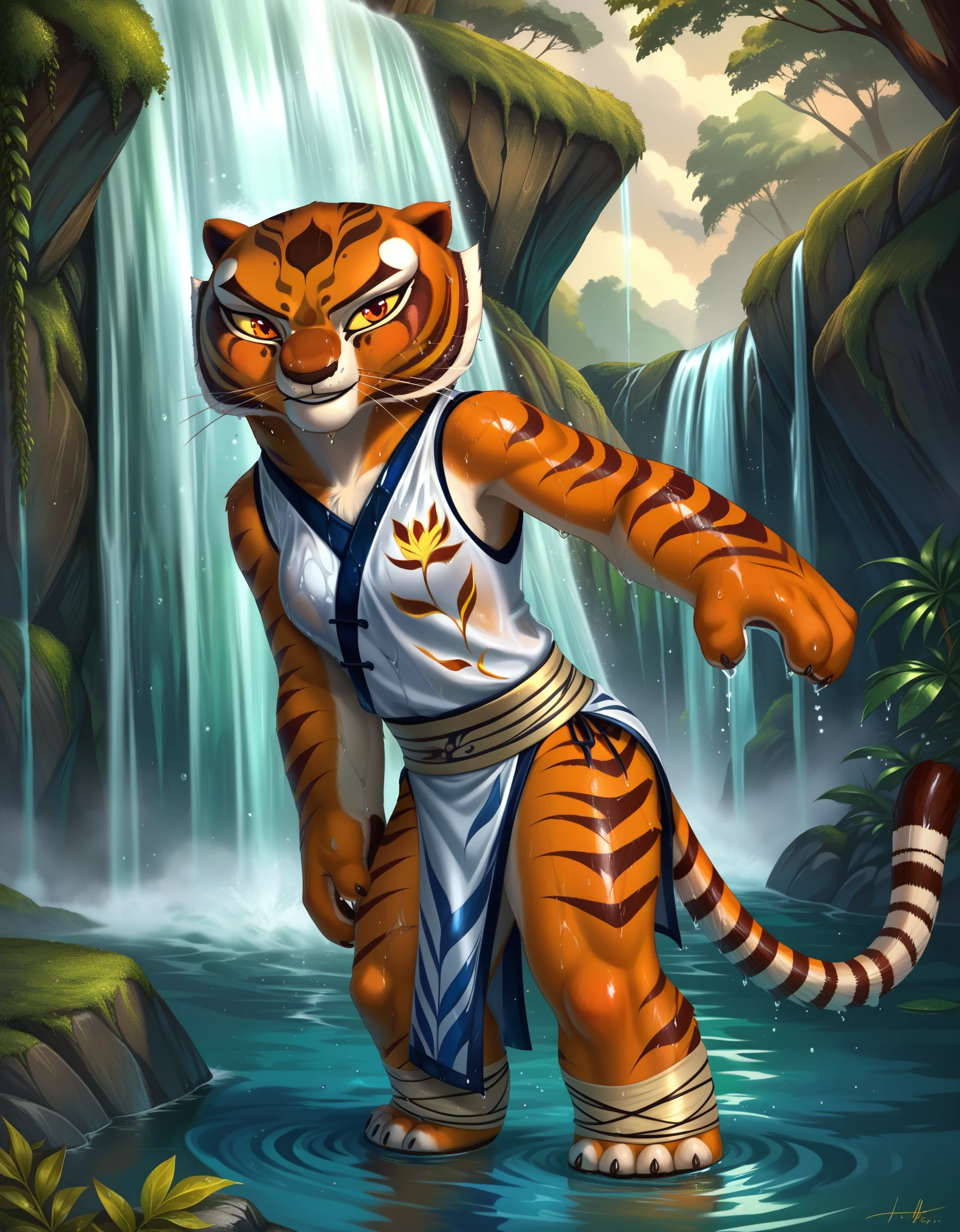 rating_safe, score_9, score_8_up, score_7_up, score_6_up, source_furry, ,,1girl, yellow sclera, orange eyes, m4stertigr3ss, solo, tail, waist wrap,,  female, master tigress from kung fu panda showering under a waterfall, kung fu panda style, wet, furry, detailed fur, in water, detailed waterfall background, rock, cartoon, 2d, yellow sclera