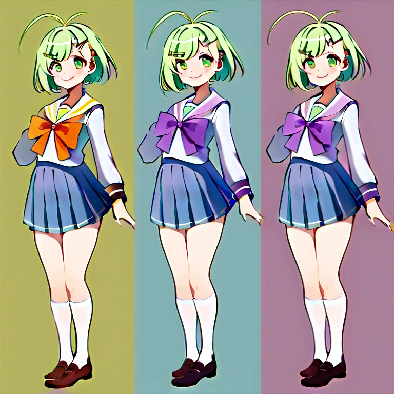 Fraction_9,Fraction_8_up,Fraction_7_up,Fraction_6_up,Fraction_5_Direction_4_up,best quality,hyperass,posture,Tempting_Smile,Green short hair，Green Eyes，Purple bow，hairpin，Purple and sailor collar，Striped sailor suit，Blue pleated skirt，White socks，leather shoes，Antenna hair，Bean Eyebrows