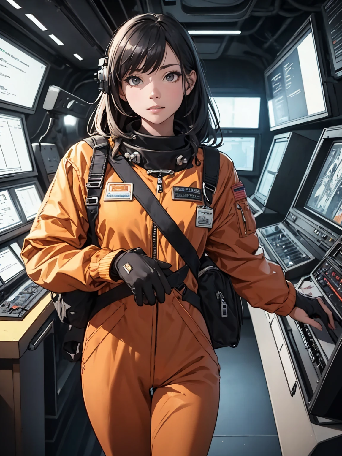 masterpiece, best quality, lineart, sketch, jacket, orange jacket, spacesuit, uniform, bag, bodysuit, backpack, jumpsuit, standing, looking at viewer, facing viewer, one hand pointing at viewer, scenery, indoors, space ship, bokeh, blurry background, 200mm lens, lethal, 