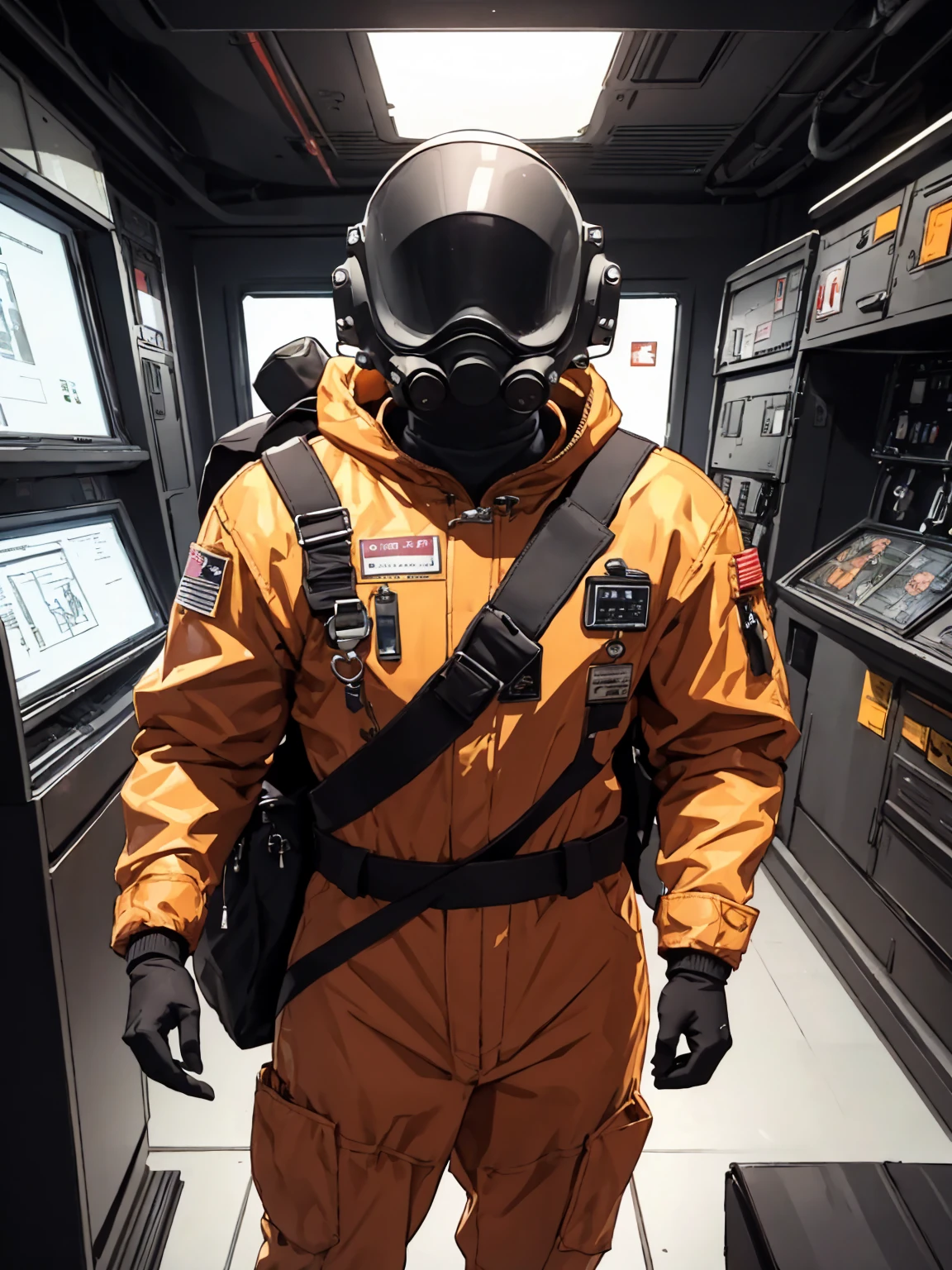 masterpiece, best quality, lineart, sketch, jacket, orange jacket, spacesuit, uniform, bag, bodysuit, backpack, jumpsuit, standing, looking at viewer, facing viewer, one hand pointing at viewer, scenery, indoors, space ship, bokeh, blurry background, 200mm lens, lethal, 