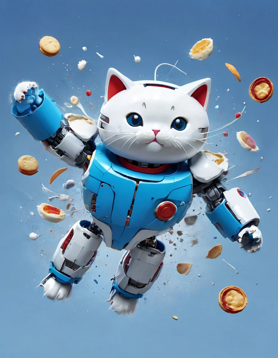 Cat-shaped robot,Blue body and head,Face and belly are white,Pocket on stomach,Red collar and bell,,Floating in the air for a bit,Bipedal,Have dorayaki