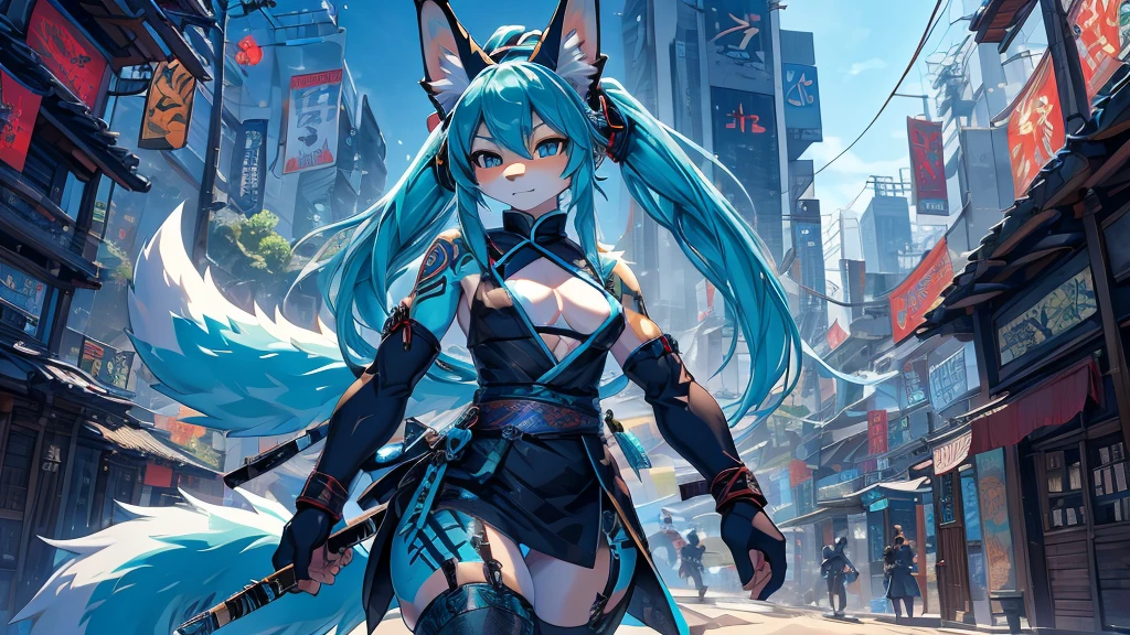 Miku Hatsune, add high definition_detail:1, blue fur,kitsune ears, tribal tattoo add_detail:1, apocalipsis city landscape, Ninja Assassin