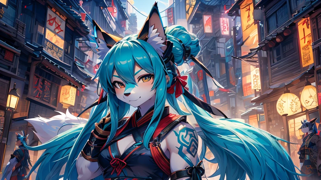 Miku Hatsune, add high definition_detail:1, blue fur,kitsune ears, tribal tattoo add_detail:1, apocalipsis city landscape, Ninja Assassin