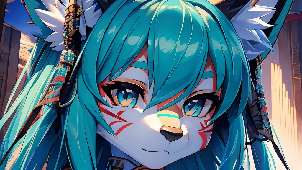 Miku Hatsune, add high definition_detail:1, blue fur,kitsune ears, tribal tattoo add_detail:1, fullbody picture