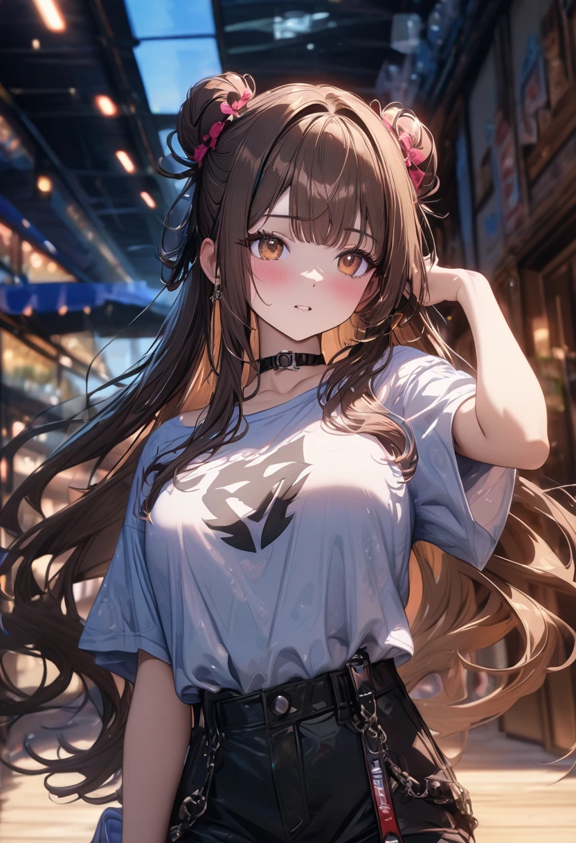 ((masterpiece), best quality, very aesthetic, newest, absurdres, detailed, high quality)
BREAK
highest quality, top quality, details, highres, ultra fine painting, digital art, official art, cinematic, 4k, 8k resolution, 8K CG wallpaper, CG, original artwork, detailed background, colorful background, blue atmosphere, High Dynamic Range, blurry background, blue hour, Starburst effects, crepuscular rays, good ISO, high resolution, wide shot, from far away, RAW photo, POV, sharp focus, light reflection, reflections, intricate details, soft light, particle noise, professional photography, bokeh, depth of field, natural lighting, vibrant colors, looking away, detailed lights and shadows, stylish, ultra-detailed, top rated on Pixiv, trending on Artstation, niji style, modern-days, master crafted, pose
BREAK
solo, close up shot, from above, 1girl, pale skin, correct fingers, detailed hand, (big breasts:1.2), big thighs, small torso, short body, flushtered, blush, anxious expression, embarassed, embarassed act, casual, slim, ((cute, childlike face):1.3), nice hips, nice body, brown hair, (very long flowing hair), (big 2 buns hairstyle)), long bangs, long hair, middle hair bangs, brown eyes
BREAK
(loose black baggy t-shirt, logo, black baggy cargo pants, choker, punk style, Gothic, (heart pupils))
BREAK
Hanging clothes, folded clothes, walls, glass, changing room, indoors