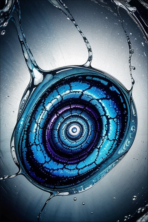 Iridescent blue swirl on watery silver