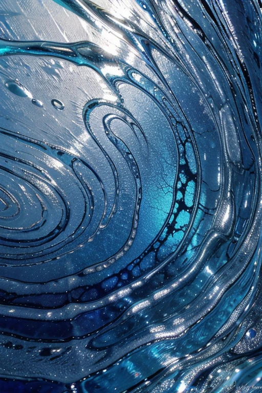 Iridescent blue swirl on watery silver
