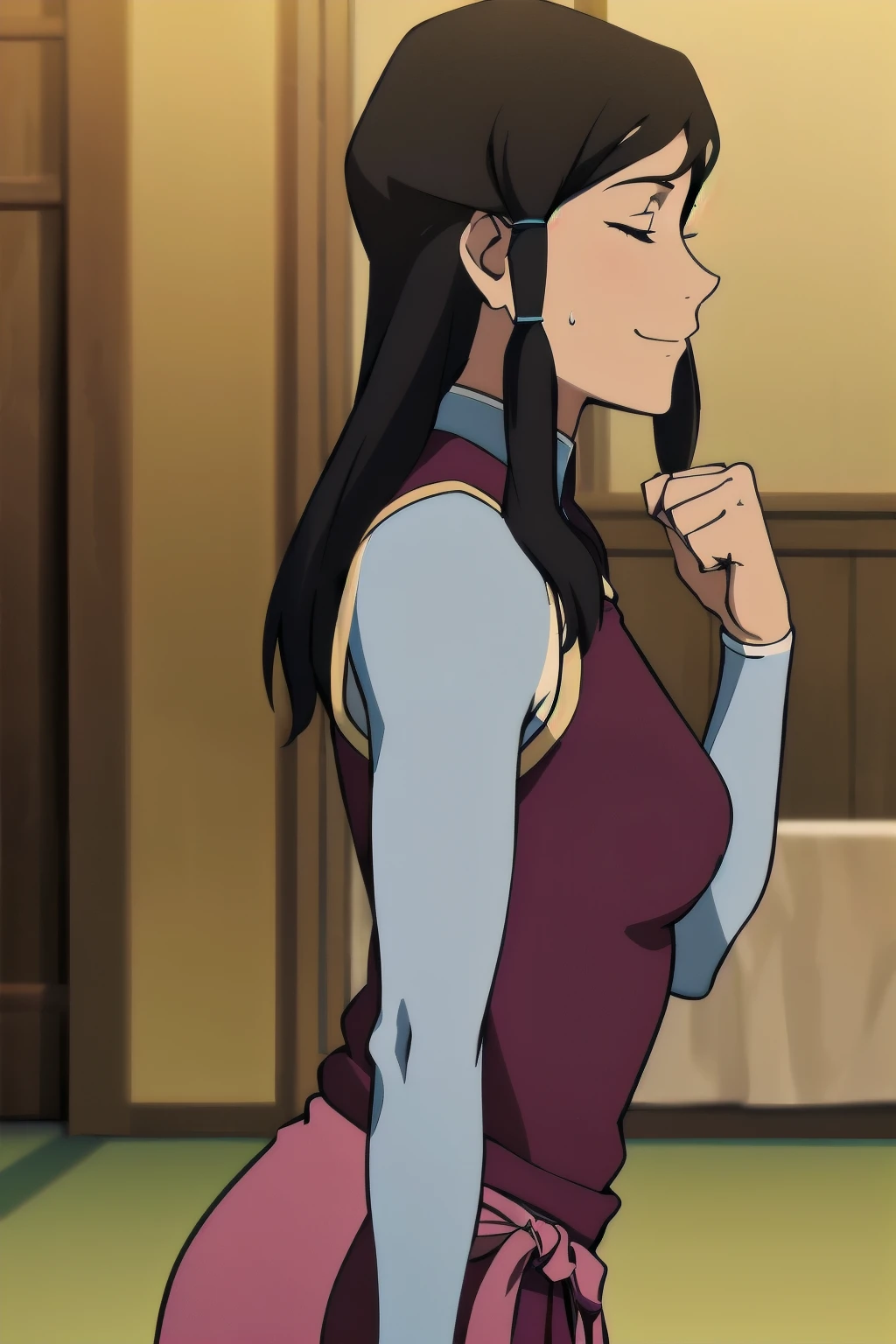 Korra,1girl, solo, upper body, side view, viewed from side, smile, sensual expression,eyes closed,leaning forwards,leaned forwards,sweaty
