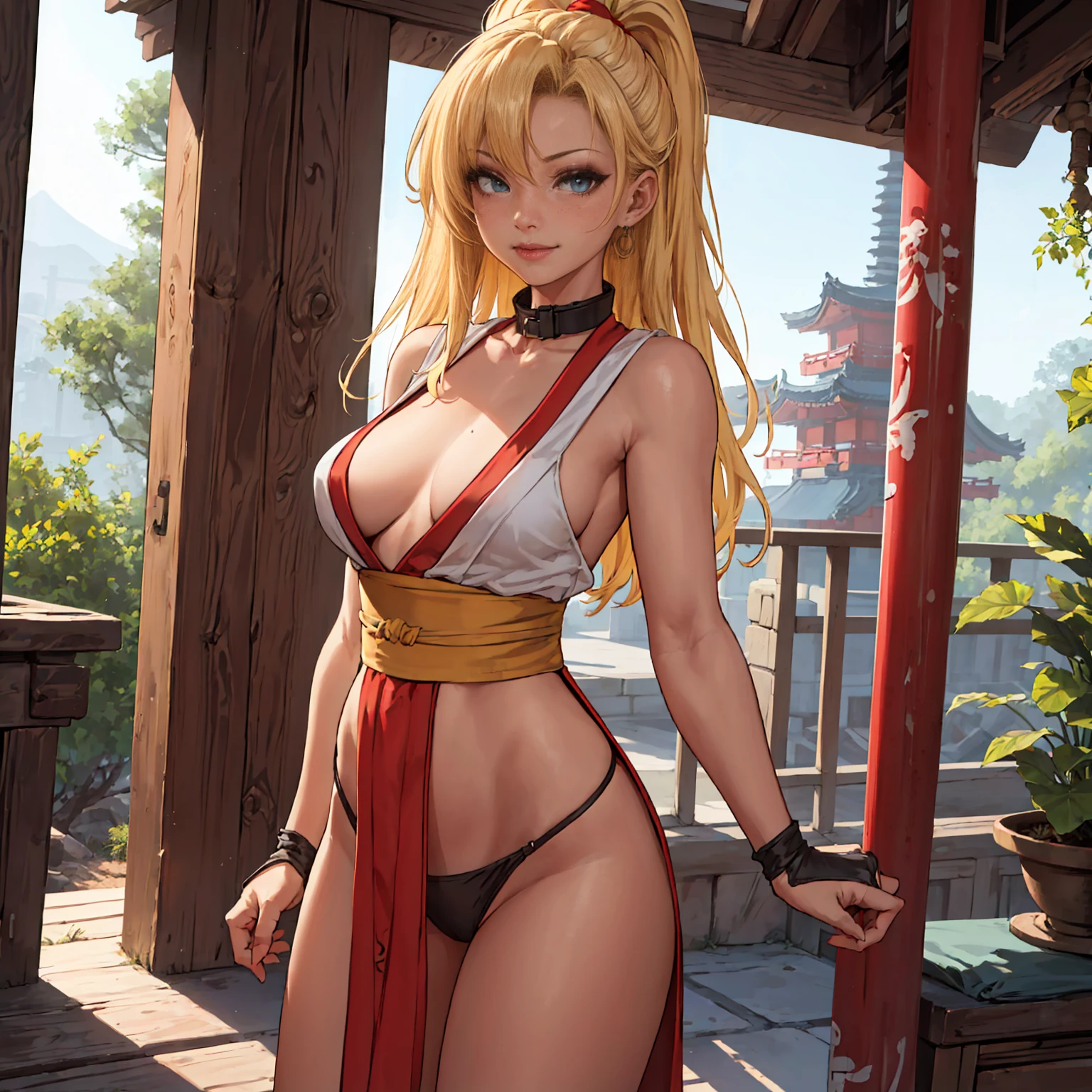 masterpiece:1.2, best quality), realistic, (real picture, intricate details, depth of field), (1girl, solo), make up, parted lips, highly-detailed, perfect face,
(huge breasts:1), (skindentation), thick thighs, wide hips, small waist, tall, glossy coral lips,
(blond hair:1.4),ponytail,
(sweating:1.2), (wet), sexy, blushing,shiranui mai,genryusai maki,final fight,red kimono, bare shoulder,full body, bare legs, barefoot,cleavage,bare arms,fishnet bra,ninja, kunoichi,shinobi,chain mail shirt,muscular female, panties,sweating,sweating profusely,shouting, screaming, open mouth,(moaning in pain, feeling pain, tears, pain, crying with pain, expression of anguish),toe,lying on the bed, spread legs,
