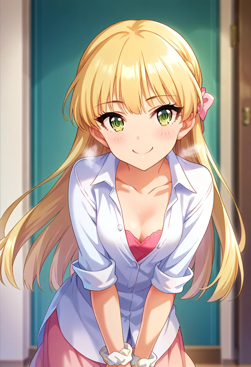 score_9, score_8_up, score_7_up, source_anime BREAK pinup of 1girl, 1boy, clothed female nude male, jgskrk, long hair, blonde hair, bangs, hair bow, green eyes, blush, closed mouth, breath, smile, collarbone, small breasts, cleavage, hetero, implied paizuri, white collared shirt, rolled up sleeves, wrist scrunchie, looking at viewer,