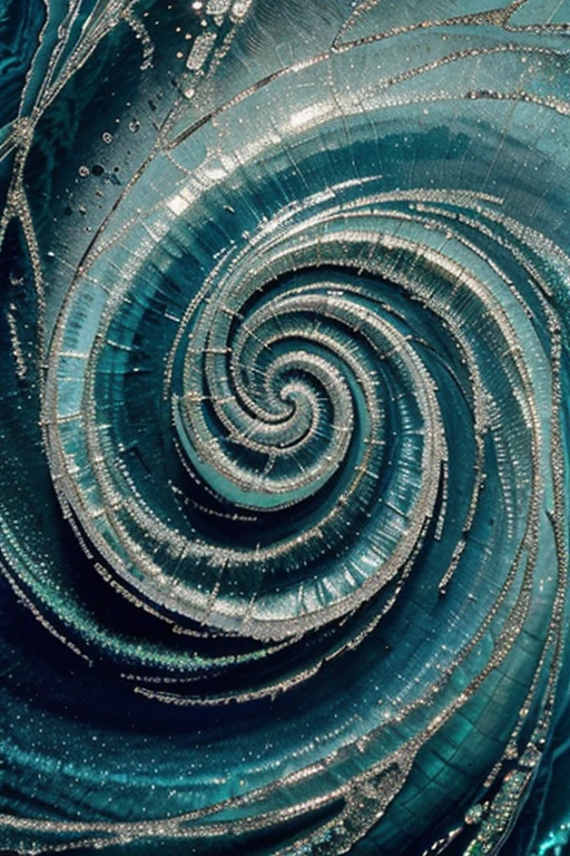 Iridescent Blue Swirl on Watery Silver with Green Diamonds