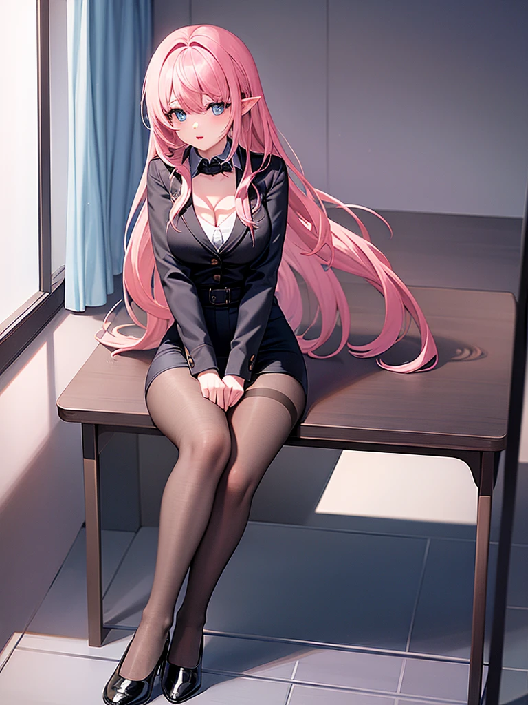 1girl, solo, long hair, breasts, looking at viewer, bangs, blue eyes, skirt, large breasts, shirt, long sleeves, holding, cleavage, sitting, underwear, jacket, full body, pink hair, pantyhose, pointy ears, indoors, miniskirt, black skirt, black footwear, bra, high heels, official alternate costume, cup, black pantyhose, window, chair, formal, crossed legs, suit, plant, black bra, red shirt, red jacket, desk, pencil skirt, pen, potted plant, office lady, monitor, skirt suit, office chair, bra peek, blinds, office