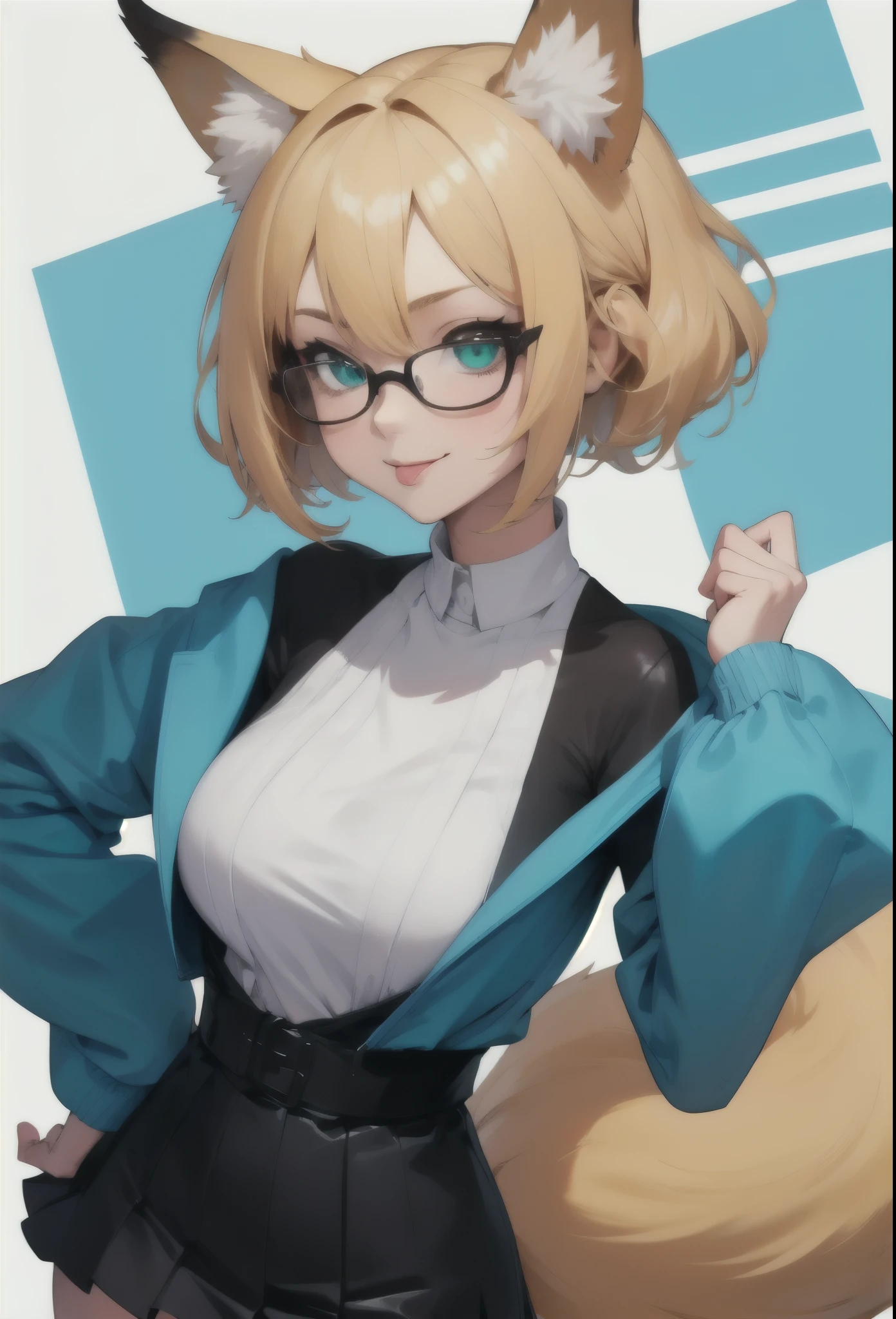 (Masterpiece, Best Quality), a woman on a white background, her short hair with a blue stripe in the center of the head and at the back of the hair and blue, (show the entire part of your head without cutting off your ears), beautiful face, she uses glasses, large breasts proportional to the body, Voluminous body, (1 girl, Alone:1.3), blank background, medium shot, Upper part of the body, detailed face ,anime style smile, perfect and detailed anime style mouth without flaws, sleeves that match the outfit, ,black shirt, She is wearing a short black skirt. tongue out, blonde hair with blue highlights, fox ears, beautiful sexy body, abundant body, Beautiful thighs, one lens, beautiful green eyes, wears cyan blue jacket, blue stripe in the middle of his head, anime style character, White background, Ella está parada looking ahead, normal forward position, looking ahead, muestra de fox ears, without cutting body parts, visible body, DON&#39;T LET THE IMAGE CUT PART OF THE BODY, she is wearing a cyan blue jacket with a short black skirt, her body is beautiful and young, the lock of hair in the middle of his head is blue and the back of his hair is also blue,
