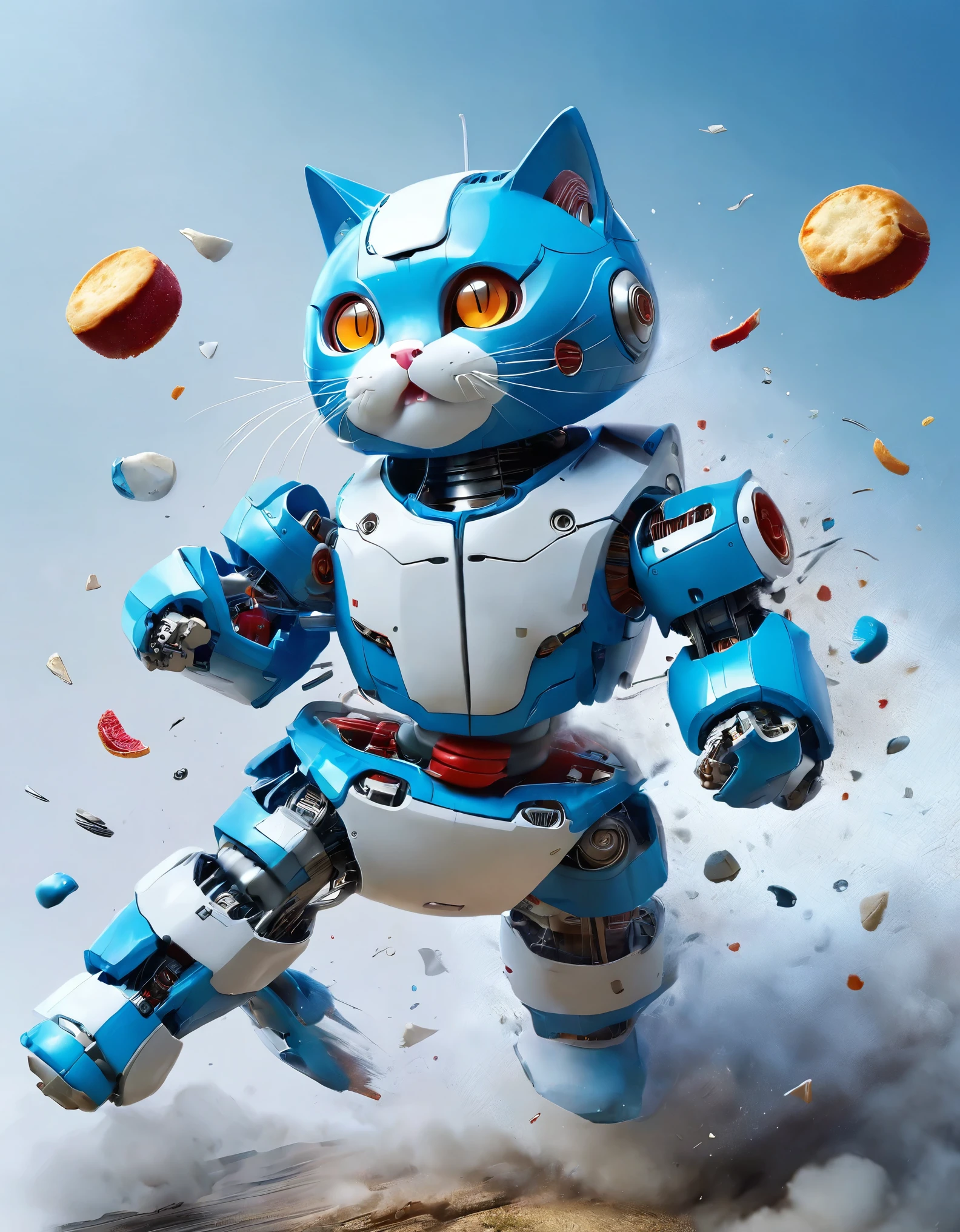 Cat-shaped robot,Blue body and head,Face and belly are white,Pocket on stomach,Red collar and bell,,Floating in the air for a bit,Bipedal,Have dorayaki