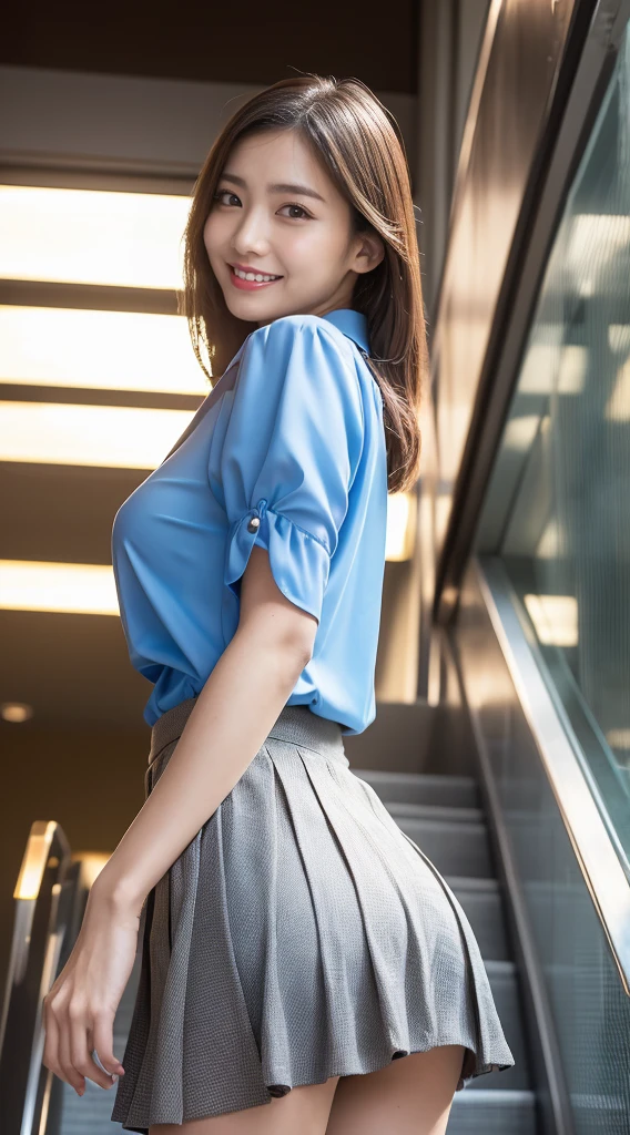  (8K, best quality, masterpiece:1.2), (realistic, photo-realistic:1.37), (high color saturation:1.0),  (highly detailed skin), (highest quality:1.0), (ultra high resolution:1.0) ,(realistic:1.0), (Super detailed:1.0), (8K, Raw photo:1.1)、standing random pose, smiling, natural breast, perfect lighting, 22years old, (mysterious), clear and detailed, ((japaniese_office_uniform, flared skirt, sexy_blouse)), (indoor office, escalator), surprised face, ((looking at back viewer)), ((low angle photo)), panties, 