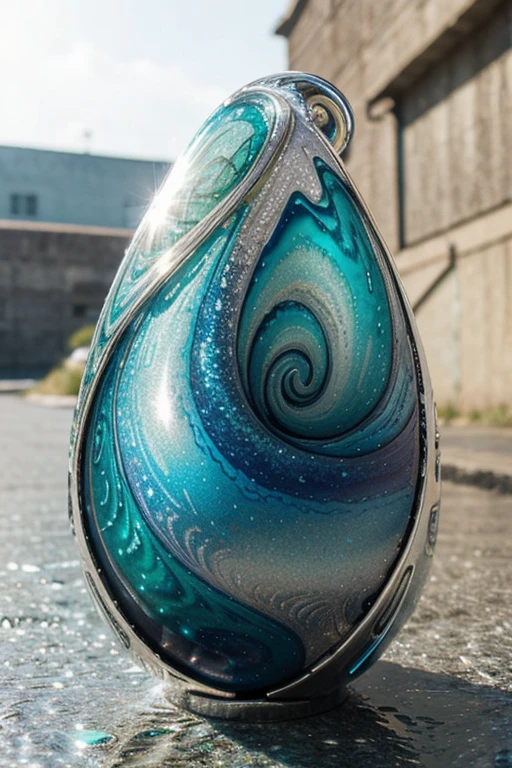 Iridescent blue swirl on watery silver with large green gems