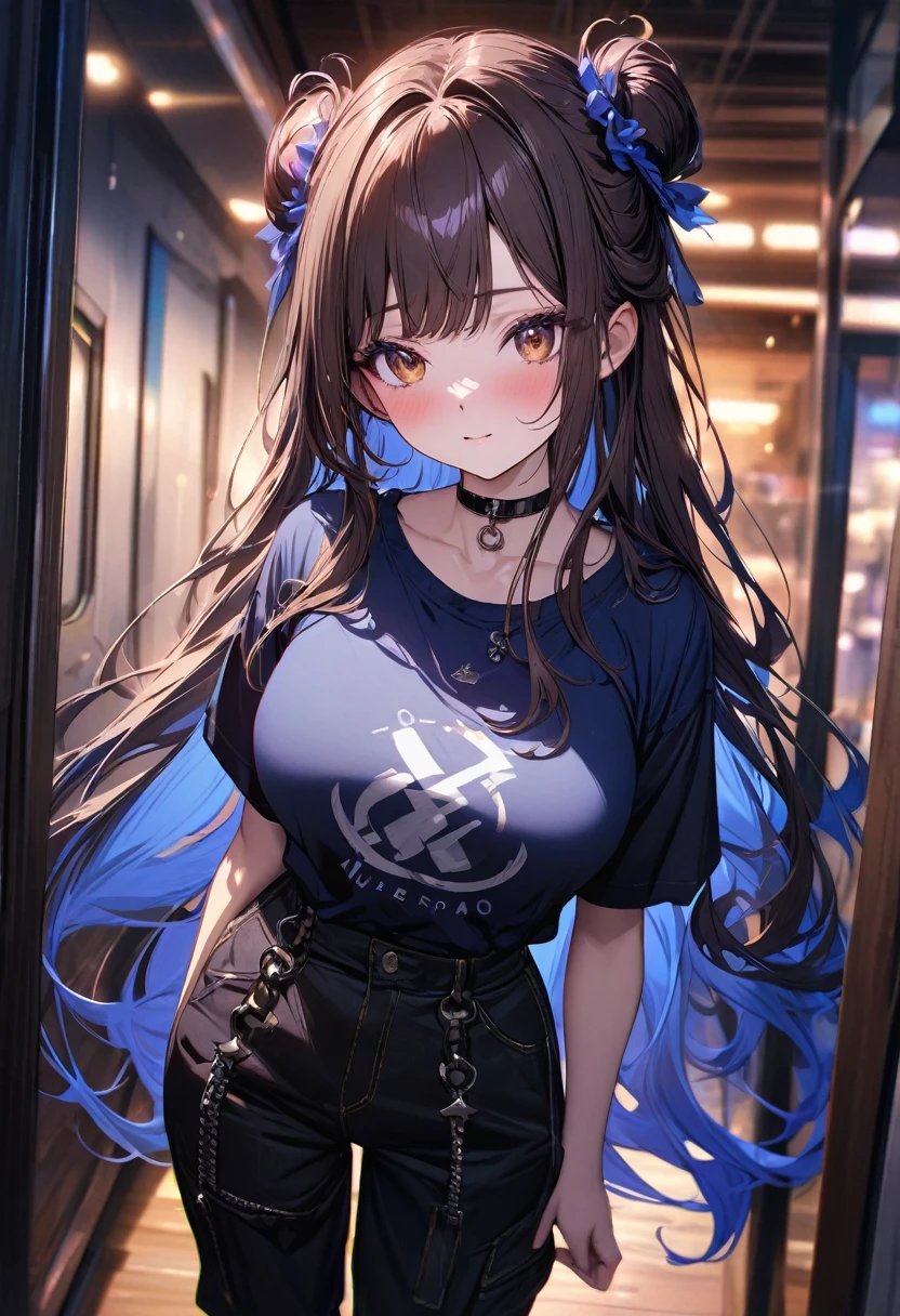 ((masterpiece), best quality, very aesthetic, newest, absurdres, detailed, high quality)
BREAK
highest quality, top quality, details, highres, ultra fine painting, digital art, official art, cinematic, 4k, 8k resolution, 8K CG wallpaper, CG, original artwork, detailed background, colorful background, blue atmosphere, High Dynamic Range, blurry background, blue hour, Starburst effects, crepuscular rays, good ISO, high resolution, wide shot, from far away, RAW photo, POV, sharp focus, light reflection, reflections, intricate details, soft light, particle noise, professional photography, bokeh, depth of field, natural lighting, vibrant colors, looking away, detailed lights and shadows, stylish, ultra-detailed, top rated on Pixiv, trending on Artstation, niji style, modern-days, master crafted, pose
BREAK
solo, close up shot, from above, 1girl, pale skin, correct fingers, detailed hand, (big breasts:1.2), big thighs, small torso, short body, flushtered, blush, anxious expression, embarassed, embarassed act, casual, slim, ((cute, childlike face):1.3), nice hips, nice body, brown hair, (very long flowing hair), (big 2 buns hairstyle)), long bangs, long hair, middle hair bangs, brown eyes
BREAK
((loose black baggy t-shirt), logo, black baggy cargo pants, choker, punk style, Gothic, heart shaped pupils)
BREAK
Hanging clothes, changing room, indoors