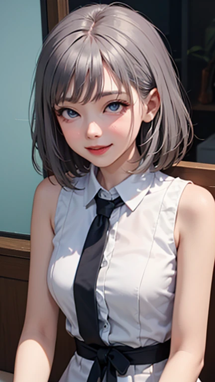 blush a little and smile, (Top quality masterpiece:1.2) Delicate illustrations, Very detailed, /Beautiful Japanese Women、1 person,Very cute and slim、Great style 、((8K images、super high quality))、Very delicate face, Skin and Hair、beautifule forehead、Red lipstick、(((((Mid-length hair、Silver Hair、lure))))),Very cute Japanese cut face、Eyes and nose are clearly visible、Kind eyes,((((Sleeveless fashion))))