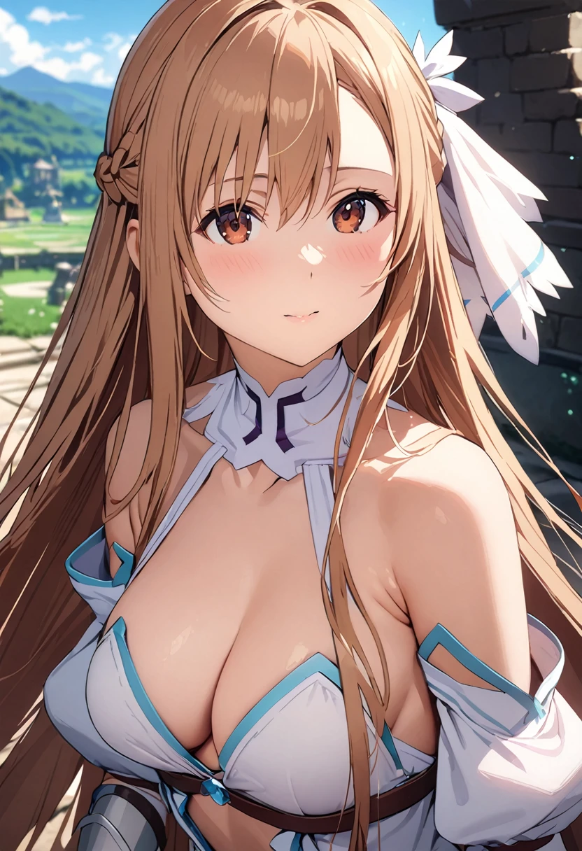 ((masterpiece)), Highest quality, Very detailed,(One Girl),Yuki Asuna、Asuna (Stay), Brown eyes, Bare shoulders, chest当て, armor, Removable sleeves, gloves, white gloves, dress, (red and white dress), Long Hair, Beautiful background ,clothing,  chest, 