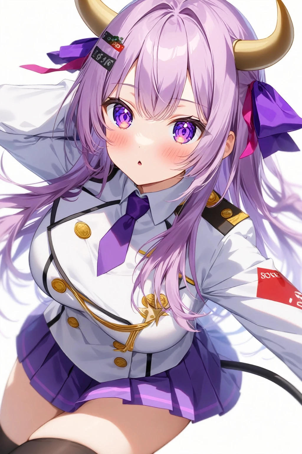 score_9_superior,score_8_superior,score_7_superior,score_6_superior,sauce_anime, go,  Purple short pleated skirt, White military uniform, Double-breasted, Needle, Hair Ribbon, One girl, button, blush, View your viewers, Purple eyes, Cropped white jacket, Black knee socks, Cow horn, Long sleeve, Purple tie, zettai ryouiki, Cowgirl, Simple white background, Large Breasts, Cow&#39;s tail, Brown long hair, Animal ears, Cowboy Shot,    Shiny Hair, Shiny skin