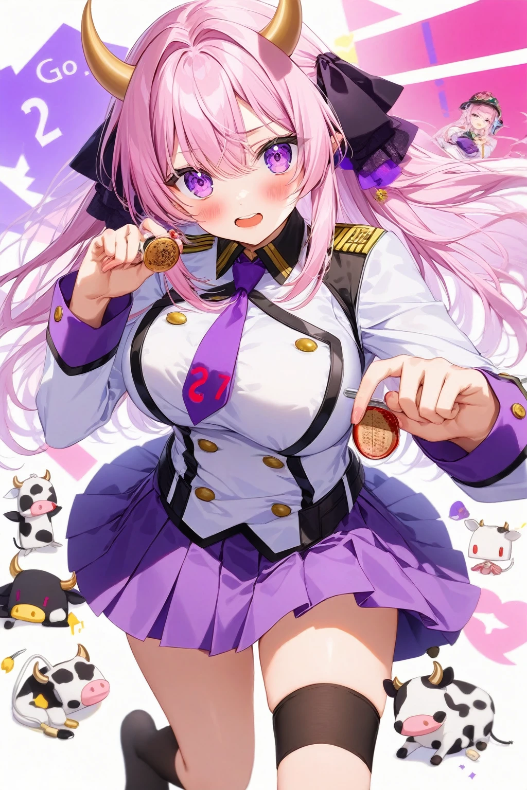 score_9_superior,score_8_superior,score_7_superior,score_6_superior,sauce_anime, go,  Purple short pleated skirt, White military uniform, Double-breasted, Needle, Hair Ribbon, One girl, button, blush, View your viewers, Purple eyes, Cropped white jacket, Black knee socks, Cow horn, Long sleeve, Purple tie, zettai ryouiki, Cowgirl, Simple white background, Large Breasts, Cow&#39;s tail, Brown long hair, Animal ears, Cowboy Shot,    Shiny Hair, Shiny skin