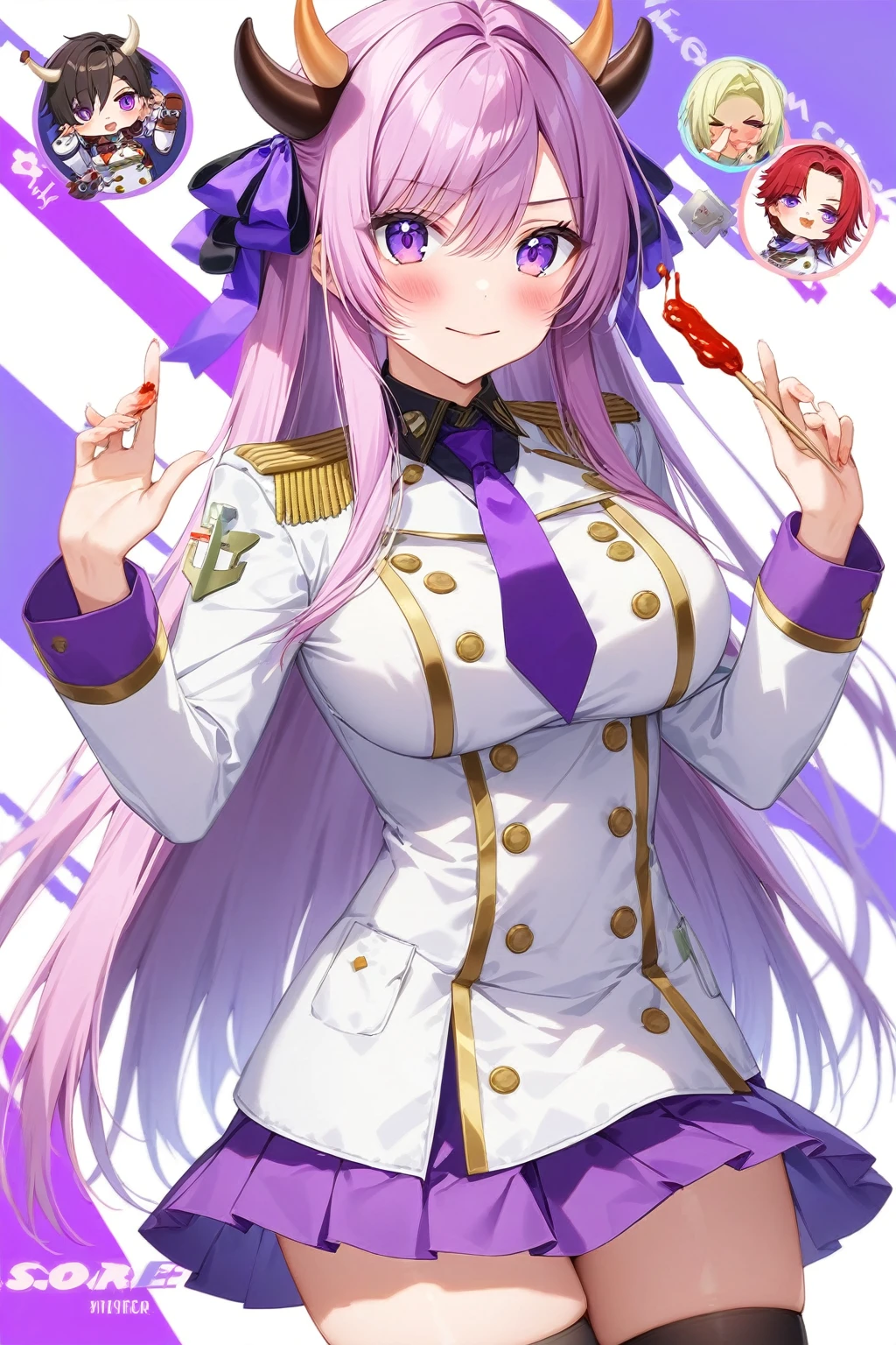 score_9_superior,score_8_superior,score_7_superior,score_6_superior,sauce_anime, go,  Purple short pleated skirt, White military uniform, Double-breasted, Needle, Hair Ribbon, One girl, button, blush, View your viewers, Purple eyes, Cropped white jacket, Black knee socks, Cow horn, Long sleeve, Purple tie, zettai ryouiki, Cowgirl, Simple white background, Large Breasts, Cow&#39;s tail, Brown long hair, Animal ears, Cowboy Shot,    Shiny Hair, Shiny skin