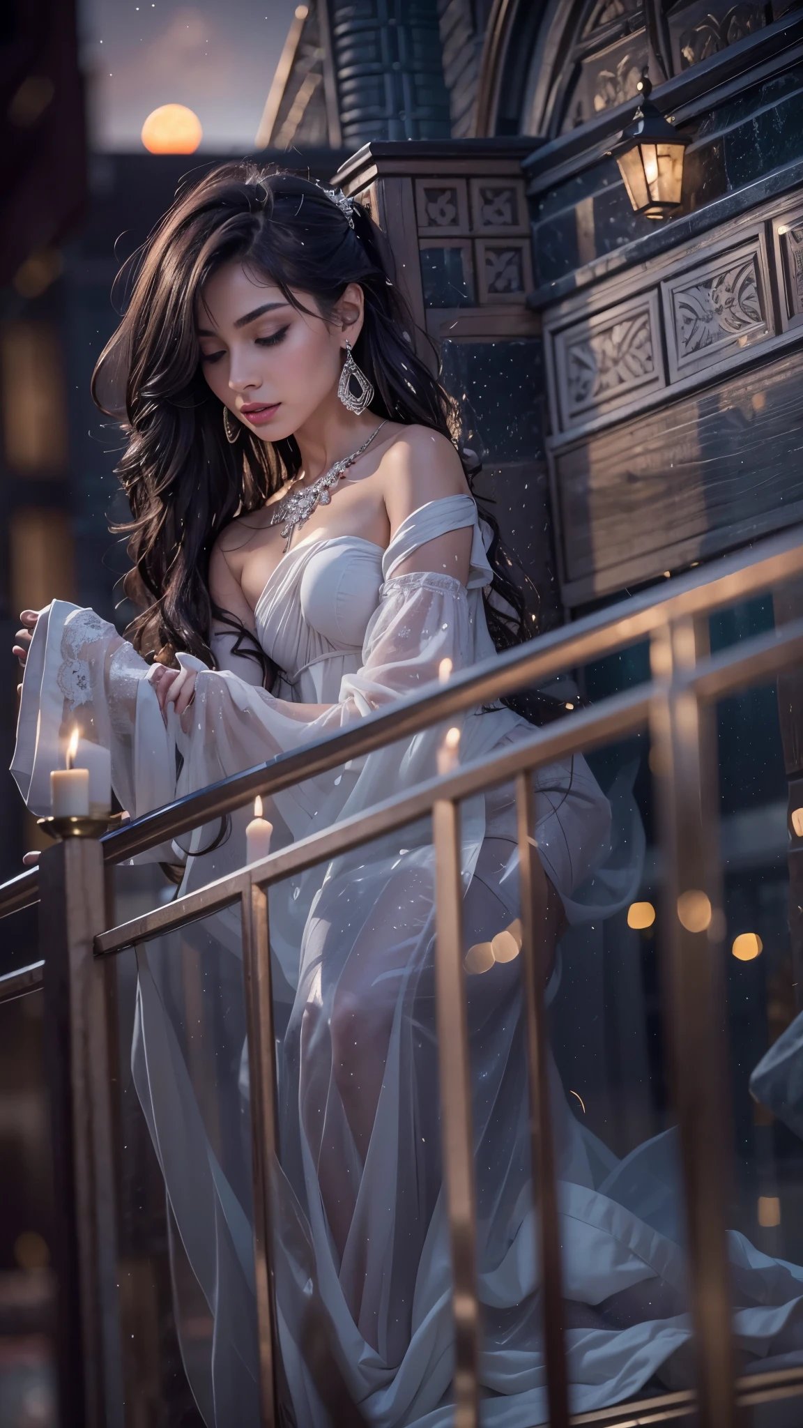 (32k:1.5, Highest quality, masterpiece, Ultra-high resolution), Professional camera work:1.6, Very detailedな肌と顔の質感:1.3, Captivating portrait:1.2, Very accurate, Very detailed, 1 adult female, ((Amazing night view from the rooftop:1.4, The moonlight at night illuminates my body)), (Satin Nightgown:0.7), Incredibly slim body, Sensual sitting position, sense of loss, Sadness, Expressions of sadness, (Big eyes that exude beautiful eroticism:0.4, A dreamy look:1.0, I love you with all my heart:0.8, Open your mouth a little, lipstick, Feel the beautiful eroticism:0.9), (Wet dark brown medium length hair), Candles, The chest is medium, Earrings, necklace, bracelet, (romantic, mysterious), Fair skin, elegant, Object of admiration, original, dramatic, Artistic, Innovative, Charm, Heartful, Fancy, sense of openness, sense of cleanliness, Special, exciting, Extreme, Tilt, ((Adult charm, Feminine charm, Hair blowing in the wind)