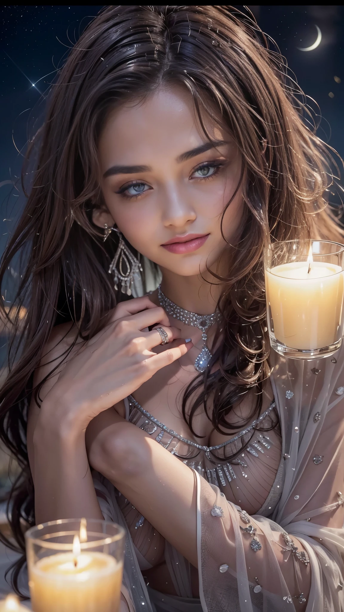(32k:1.5, Highest quality, masterpiece, Ultra-high resolution), Professional camera work:1.6, Very detailedな肌と顔の質感:1.3, Captivating portrait:1.2, Very accurate, Very detailed, 1 adult female, ((Amazing night view from the rooftop:1.4, The moonlight at night illuminates my body)), (Satin Nightgown:0.7), Incredibly slim body, Sensual sitting position, sense of loss, Sadness, Expressions of sadness, (Big eyes that exude beautiful eroticism:0.4, A dreamy look:1.0, I love you with all my heart:0.8, Open your mouth a little, lipstick, Feel the beautiful eroticism:0.9), (Wet dark brown medium length hair), Candles, The chest is medium, Earrings, necklace, bracelet, (romantic, mysterious), Fair skin, elegant, Object of admiration, original, dramatic, Artistic, Innovative, Charm, Heartful, Fancy, sense of openness, sense of cleanliness, Special, exciting, Extreme, Tilt, ((Adult charm, Feminine charm, Hair blowing in the wind)
