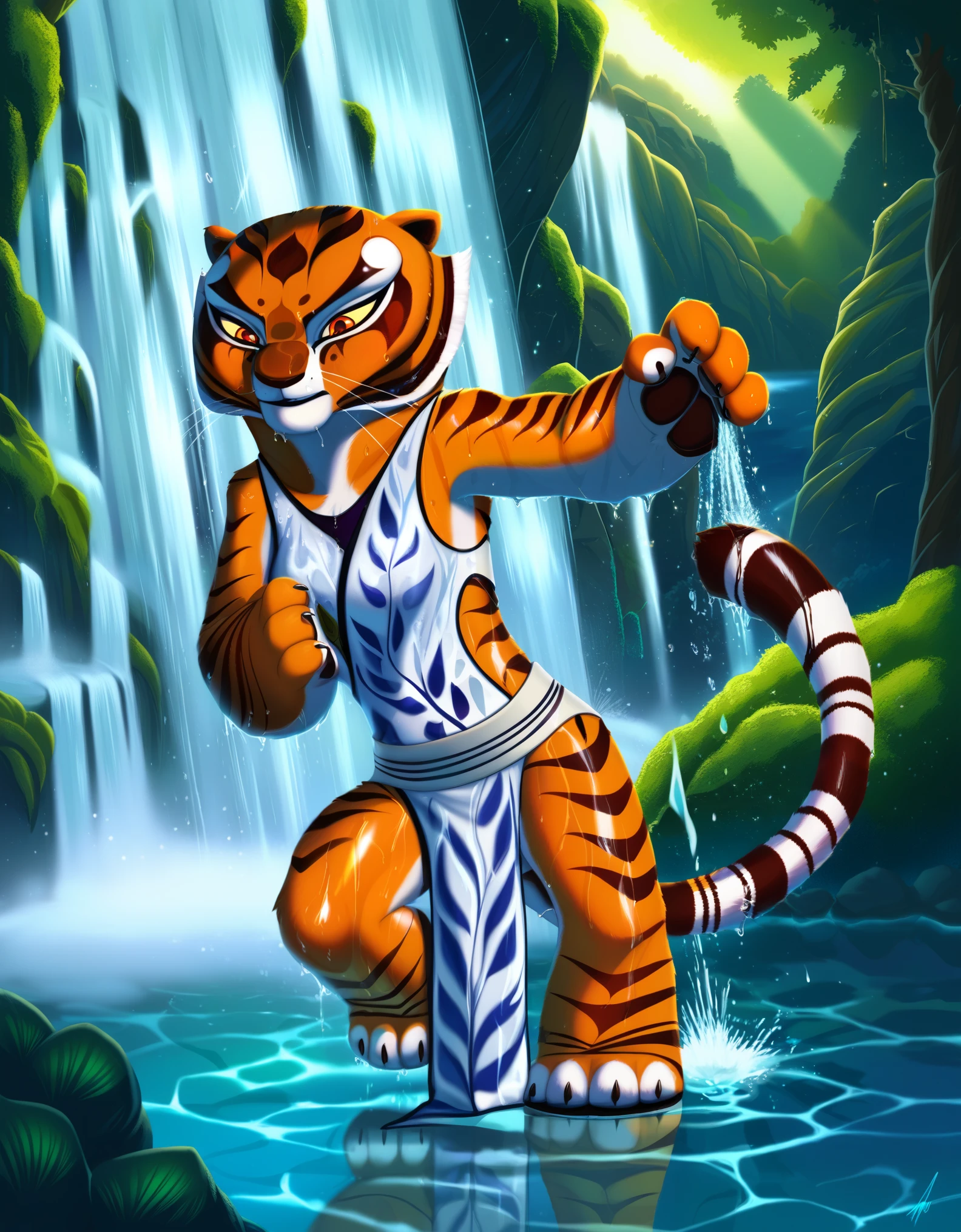 rating_safe, score_9, score_8_up, score_7_up, score_6_up, source_furry, ,,1girl, yellow sclera, orange eyes, m4stertigr3ss, solo, tail, waist wrap,,  female, master tigress from kung fu panda showering under a waterfall, kung fu panda style, wet, furry, detailed fur, in water, detailed waterfall background, rock, cartoon, 2d, yellow sclera