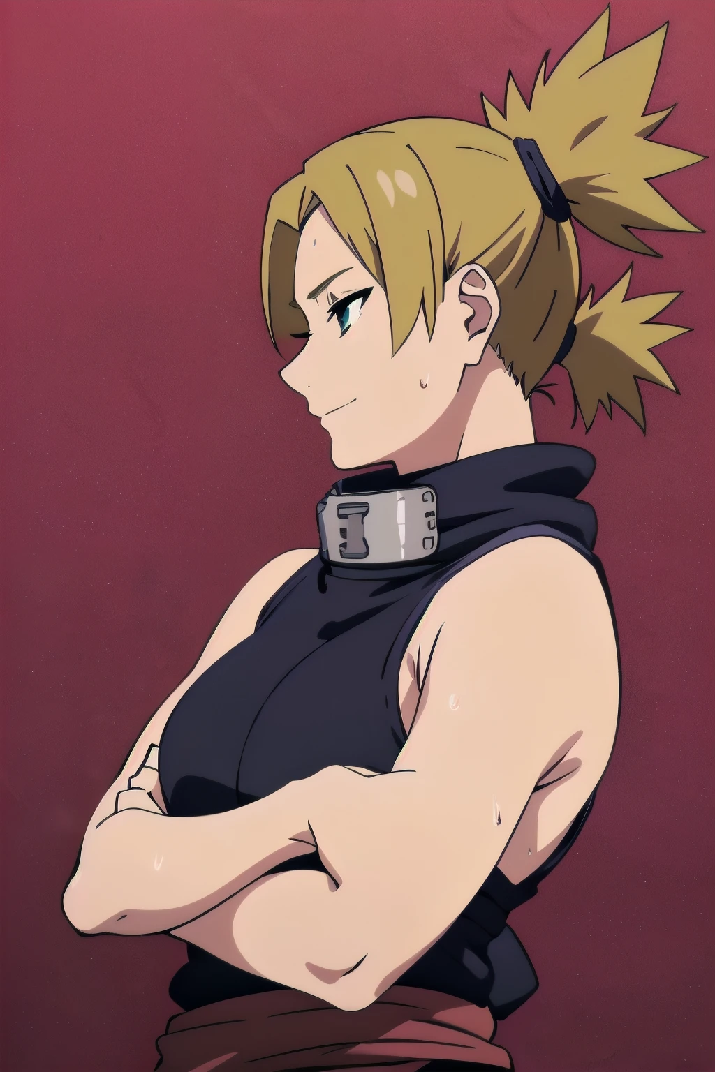 Temari,1girl, solo, upper body, side view, viewed from side, smile, sensual expression,eyes closed,leaning forwards,leaned forwards,sweaty