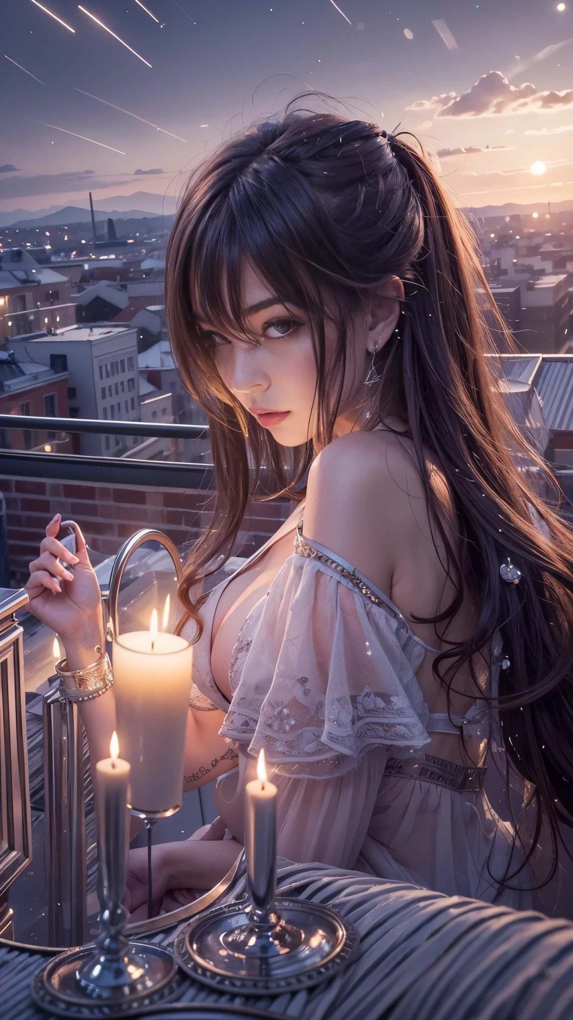 (32k:1.5, Highest quality, masterpiece, Ultra-high resolution), Professional camera work:1.6, Very detailedな肌と顔の質感:1.3, Captivating portrait:1.2, Very accurate, Very detailed, 1 adult female, ((Amazing night view from the rooftop:1.4, The moonlight at night illuminates my body)), (Satin Nightgown:0.7), Incredibly slim body, Sensual sitting position, sense of loss, Sadness, Expressions of sadness, (Big eyes that exude beautiful eroticism:0.4, A dreamy look:1.0, I love you with all my heart:0.8, Open your mouth a little, lipstick, Feel the beautiful eroticism:0.9), (Wet dark brown medium length hair), Candles, The chest is medium, Earrings, necklace, bracelet, (romantic, mysterious), Fair skin, elegant, Object of admiration, original, dramatic, Artistic, Innovative, Charm, Heartful, Fancy, sense of openness, sense of cleanliness, Special, exciting, Extreme, Tilt, ((Adult charm, Feminine charm, Hair blowing in the wind)