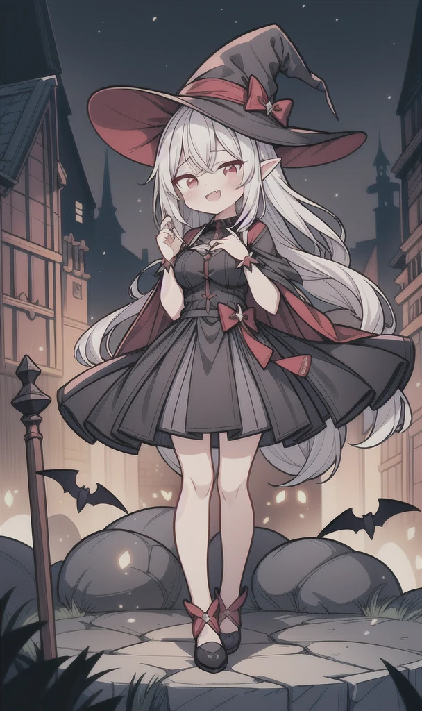 8K,  1girl, petit, adult, kawaii witch, crimson hair, white long hair, red eyes, showing fangs, bat wings, smile, (blush), (shy), pointed ears, looking at viewer,  dynamic angle, wind, game cg, fantastic scenery, demon tail, thin tail, big breast, show full body, magical girl, dungeons, summon, maho shojo, Gushing Over Magical Girls, white hair, red eyes, witch hat