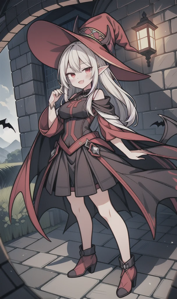 8K,  1girl, petit, adult, kawaii witch, crimson hair, white long hair, red eyes, showing fangs, bat wings, smile, (blush), (shy), pointed ears, looking at viewer,  dynamic angle, wind, game cg, fantastic scenery, demon tail, thin tail, big breast, show full body, magical girl, dungeons, summon, maho shojo, Gushing Over Magical Girls, white hair, red eyes, witch hat