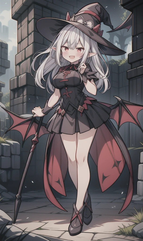 8K,  1girl, petit, adult, kawaii witch, crimson hair, white long hair, red eyes, showing fangs, bat wings, smile, (blush), (shy), pointed ears, looking at viewer,  dynamic angle, wind, game cg, fantastic scenery, demon tail, thin tail, big breast, show full body, magical girl, dungeons, summon, maho shojo, Gushing Over Magical Girls, white hair, red eyes, witch hat