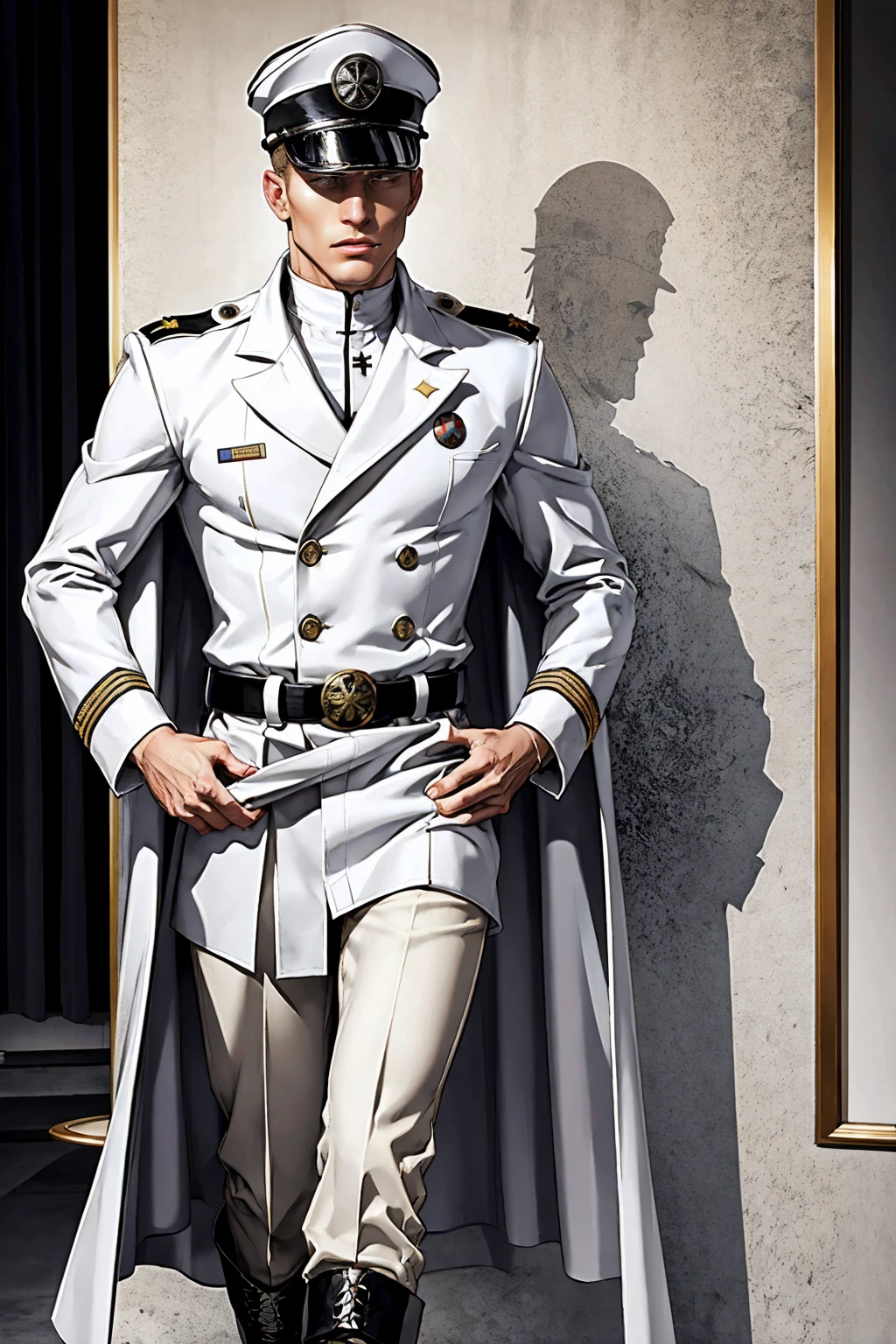 naughty man, straight and short blonde hair, wearing a white military uniform, double button coat, short cape over the shoulders, black belt with a silver emblem at the waist, white pants that are wide at the hips and taper at the ankles and are tucked into tall black boots with white detailing on the front, white military hat with a black brim and an emblem in the center of the front ((quincy style))