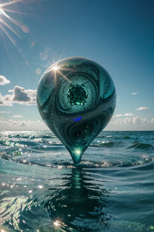 Giant green diamonds floating in iridescent blue swirl on watery silver