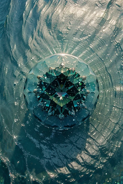 Giant green diamonds floating in iridescent blue swirl on watery silver