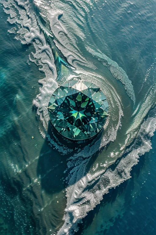 Giant green diamonds floating in iridescent blue swirl on watery silver